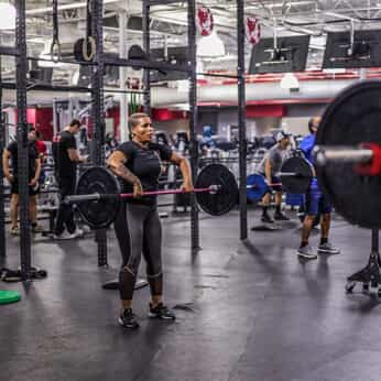 A woman lifts weights in the gym